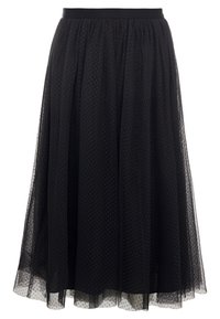 Sort tyl maxi nederdel med en samlet elastisk talje, der har et prikket mønster og et lagdelt, gennemsigtigt tekstur for ekstra dimension.