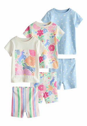 Three short-sleeve shirts and three matching shorts for children: unicorn floral print, blue with white polka dots, and multicolored stripes.