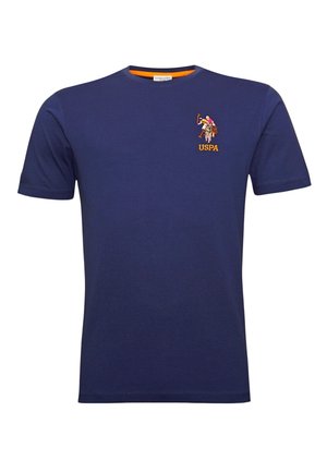 Marineblaue Kurzarm-T-Shirt aus Baumwolle mit rundem Ausschnitt. Verfügt über ein gesticktes USPA-Logo mit einem Pferd und Reiter in Orange.