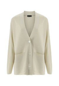 Beige Cardigan mit V-Ausschnitt, ausgestattet mit fünf Knöpfen, zwei vorderen Taschen und gerippten Bündchen, aus einem weichen Strickmaterial gefertigt.