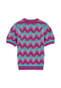 Pletena majica z valovitimi vzorci v vijolični in turkizni barvi. Kratki rokavi, rebrast ovratnik in odprta tekstura za zračnost.