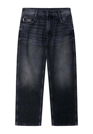 Zwart gewassen denim jeans met rechte pijpen, voorzakken en een klein Union Jack vlag patch op de rechter voorzak.