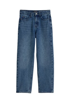 Blauwe straight-leg denim jeans met knoop aan de voorkant en zakken op een witte achtergrond.