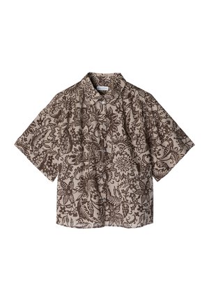 Kurzärmeliges Hemd mit Knöpfen, braunes Blumen- und Blattmuster auf beigefarbenem Stoff, flach liegend mit sichtbarem Kragen und Vorderknöpfen.