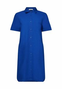 Abito a maniche corte, con bottoni, in cotone blu brillante. Caratterizzato da un colletto, taschino sul petto e due tasche laterali. Tessuto morbido, lunghezza al ginocchio.