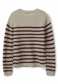 Pull en tricot avec un col rond, présentant des rayures horizontales beiges et bordeaux, un tissu texturé, et des ourlets et poignets côtelés.