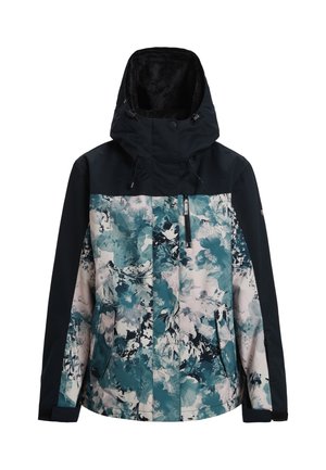 Floral-patterned jacket in teal, white, and black. Features a black hood, front zipper, and two side pockets. Soft inner lining. Weather-resistant.