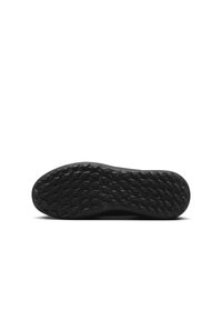 Suela de zapato de goma negra con un patrón texturizado de diamantes y círculos, que presenta una ligera curva en el arco para mejorar el agarre y la flexibilidad.