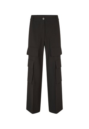 Black cargo pants feature a wide-leg design, multiple side pockets, a button closure, and smooth fabric texture, offering functional style.