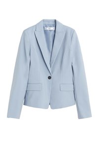 Blazer bleu clair taillé dans un tissu lisse, avec un seul bouton noir, deux poches avant et un col structuré.