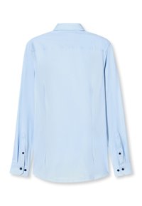 Camicia elegante azzurra a maniche lunghe vista da dietro con polsini abbottonati e colletto classico su sfondo bianco.