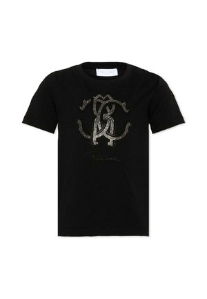Zwarte T-shirt met korte mouwen en een sprankelend verweven logo-ontwerp en de geschreven tekst "Roberto Cavalli" onder het logo aan de voorkant.