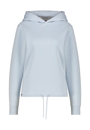 Felpa leggera blu con cappuccio, con lacci, polsini a costine e una vestibilità comoda. Realizzata in un tessuto morbido con una texture liscia. Senza motivi o accenti visibili.