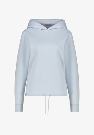 Felpa leggera blu con cappuccio, con lacci, polsini a costine e una vestibilità comoda. Realizzata in un tessuto morbido con una texture liscia. Senza motivi o accenti visibili.