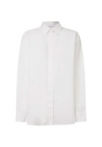 Weißes langärmliges Hemd aus Baumwolle. Beinhaltet einen Button-Down-Kragen, Frontknöpfe und einen geraden Saum. Subtile Markenkennzeichnung auf der Brust.