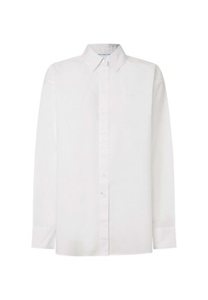 Weißes langärmliges Hemd aus Baumwolle. Beinhaltet einen Button-Down-Kragen, Frontknöpfe und einen geraden Saum. Subtile Markenkennzeichnung auf der Brust.
