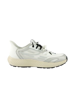Low-top white athletic shoe with textured beige sole, black and white laces, and translucent side panels with geometric patterns.
