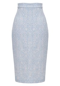 Jasnoniebieska spódnica ołówkowa z teksturowanym wzorem o przeplatanych kształtach, z wysokim stanem i dopasowanym krojem.
