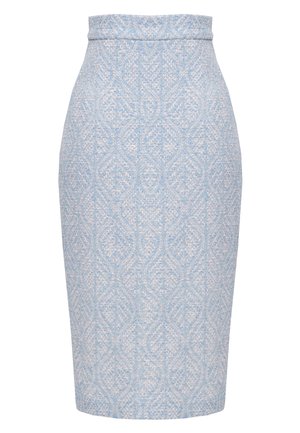 Jasnoniebieska spódnica ołówkowa z teksturowanym wzorem o przeplatanych kształtach, z wysokim stanem i dopasowanym krojem.