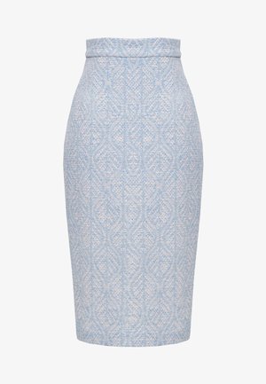 Jasnoniebieska spódnica ołówkowa z teksturowanym wzorem o przeplatanych kształtach, z wysokim stanem i dopasowanym krojem.