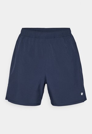 Marineblaue Shorts aus leichtem Stoff, mit elastischem Bund und kleinem Logo auf der unteren rechten Seite. Glatte Textur, knielang.
