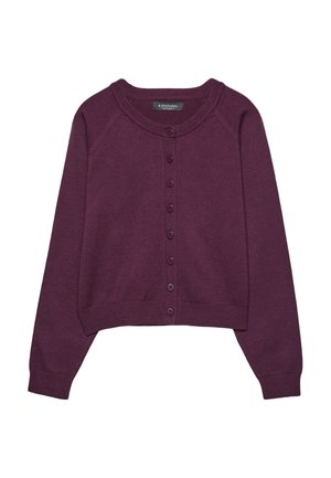 Close-up of a person wearing a dark purple buttoned sweater with two visible buttons and blonde hair falling over the shoulder.