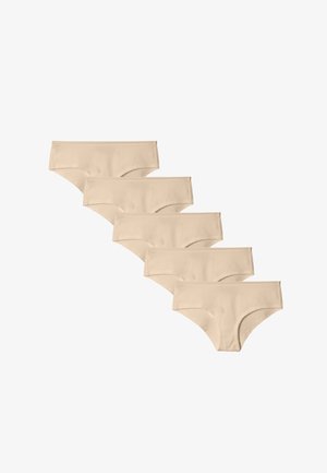 Set di top senza cuciture color nudo e biancheria intima coordinata, caratterizzato da un design aderente con un tessuto morbido e liscio e dettagli di cucitura minimi.