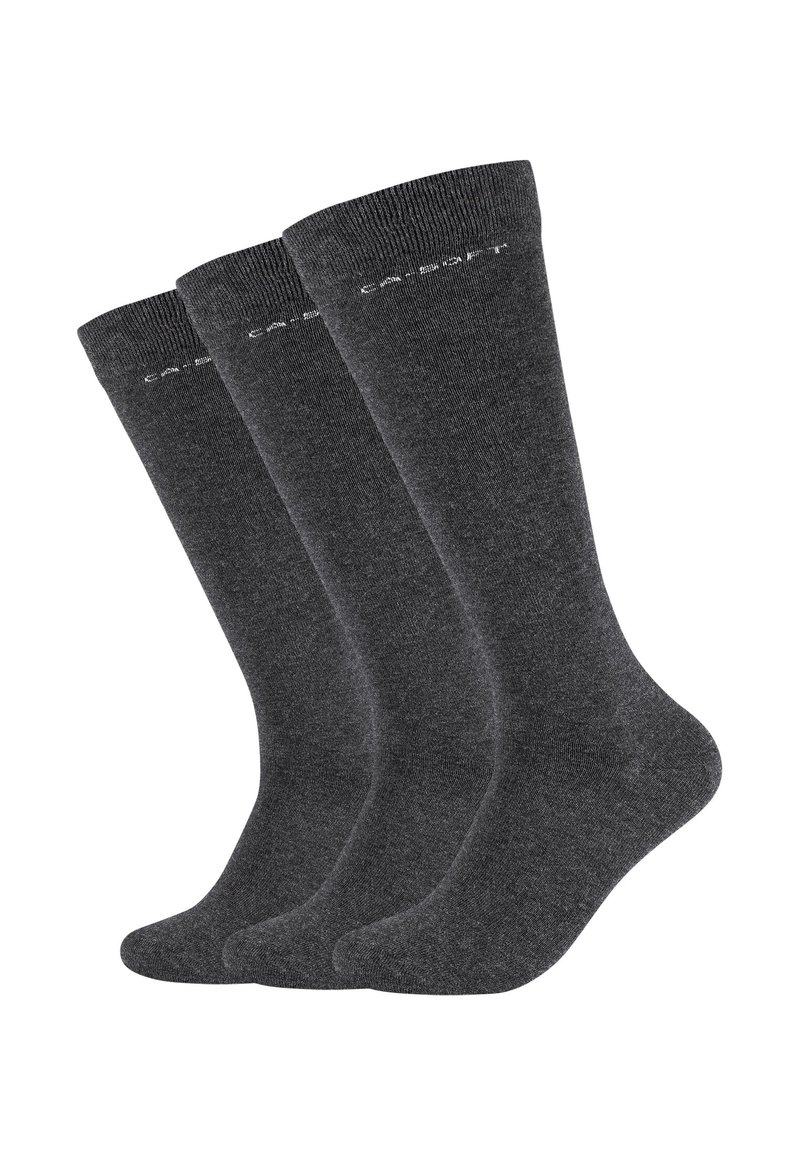 Drei Paar dunkelgraue Baumwollsocken mit verstärktem Bündchen, glatter Textur und weißem Logotext nahe dem oberen Rand.