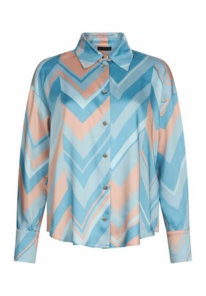 Chiffon shirt featuring a chevron pattern in blue and peach, with a collar, front buttons, and long sleeves with buttoned cuffs.