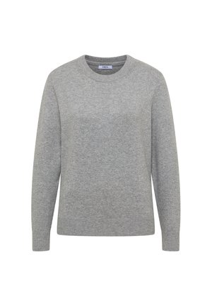 Suéter gris hecho de un suave material de punto, con un cuello redondo, mangas largas y puños y dobladillo acanalados. Diseño simple y sin adornos.