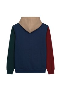 Felpa con cappuccio, con cappuccio beige, corpo blu navy e maniche verdi e bordeaux. Materiale in cotone con una texture liscia. Polsini e orlo a coste.