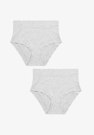 Dos braguitas de mujer de color gris claro con cintura alta y diseño sin costuras, colocadas planas sobre un fondo blanco.