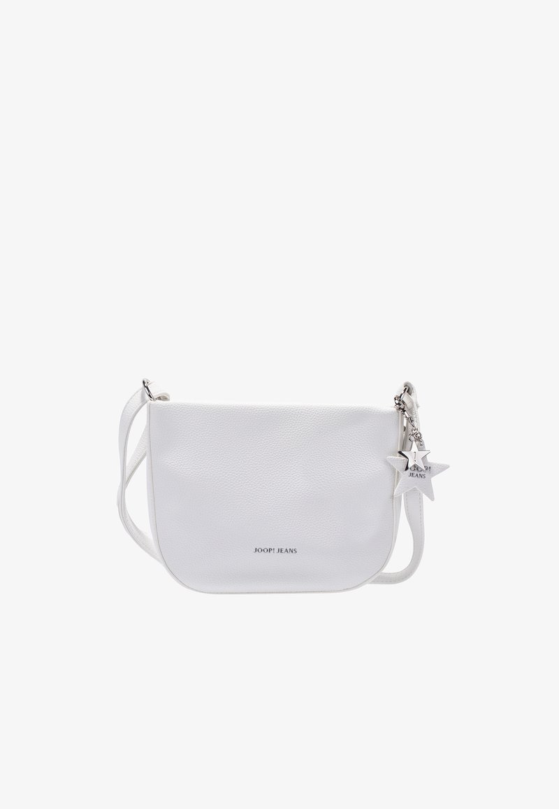 Bolso bandolera de cuero blanco con correa ajustable, charm en forma de estrella plateada y logo "JOOP! JEANS" en el centro frontal.