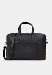 Schwarze Laptop-Tasche aus Leder mit oberen Griffen, abnehmbarem Schulterriemen, Reißverschluss und Vordertasche mit strukturierter Oberfläche.