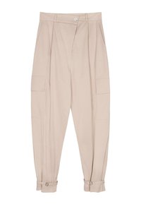 Beige cargo bukser med høj talje, plisseret front, to sidelommer og justerbare manchetter, lavet af letvægtsstof.