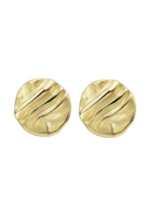 Paire de boucles d'oreilles rondes en métal doré avec un design de surface texturé, irrégulier et ondulé.