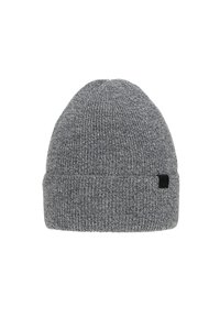 Gray knit beanie hat with a folded cuff. Made of soft, textured fabric, featuring a small black brand tag on the side.