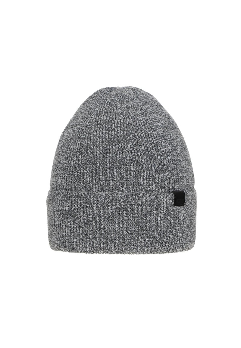 Gray knit beanie hat with a folded cuff. Made of soft, textured fabric, featuring a small black brand tag on the side.