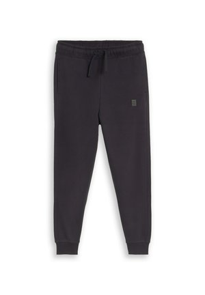 Schwarze Jogginghose mit elastischem Bund, Kordelzug, Seitentaschen, gerippten Bündchen und kleinem rechteckigem Logo am linken Oberschenkel.