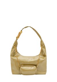 Bolso de mano metálico verde oliva con un acabado texturizado, correa decorada con cadena y un estuche con cremallera desmontable en la parte frontal.