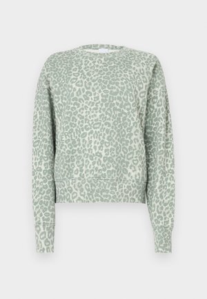 Zielona bluza z nadrukiem w cętki lamparta, z okrągłym dekoltem, długimi rękawami oraz ściągaczami na mankietach i dole. Wykonana z miękkiej, teksturowanej tkaniny.