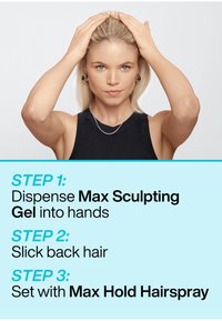 Max Sculpting Gel en Max Hold Hairspray instructies. Model met steil, lichtblond haar; draagt een zwarte mouwloze top; neutrale achtergrond.