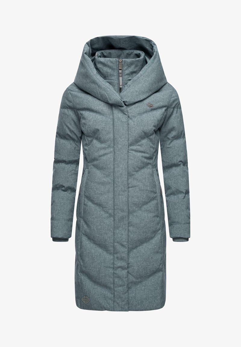 Lightweight, hooded long coat in textured slate gray featuring a zip closure, diagonal quilted pattern, and logo detail on the lower front.