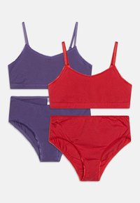 Set aus vier Unterteilen: zwei lila und zwei rot. Weiche Baumwollstoffe, nahtlose Kanten und verstellbare Träger bei den BHs.