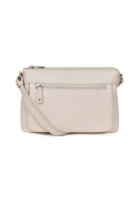 Borsa a tracolla in pelle crema con finitura testurizzata, dotata di chiusura con zip superiore, tasca frontale con zip e tracolla regolabile.