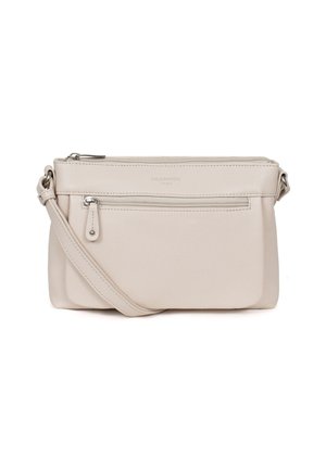 Borsa a tracolla in pelle crema con finitura testurizzata, dotata di chiusura con zip superiore, tasca frontale con zip e tracolla regolabile.