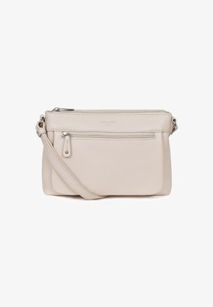Borsa a tracolla in pelle crema con finitura testurizzata, dotata di chiusura con zip superiore, tasca frontale con zip e tracolla regolabile.
