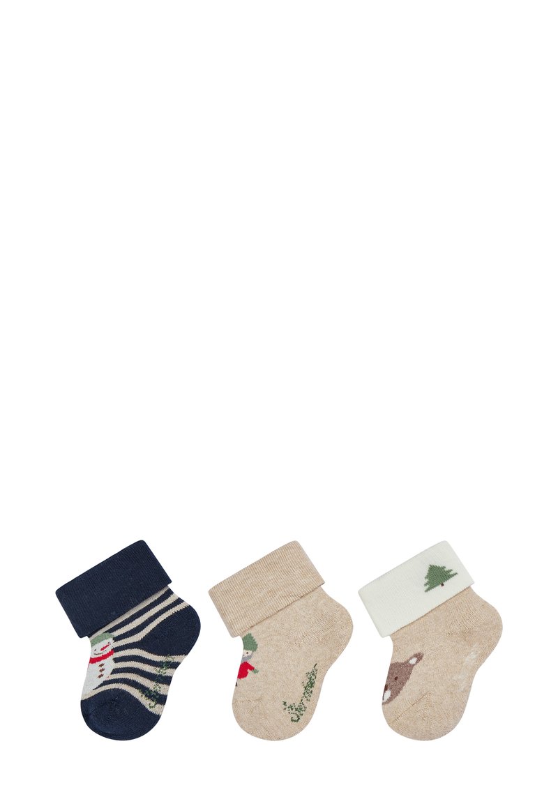 Three pairs of children's socks: navy with striped pattern and snowman, beige with a folded cuff and holiday graphics, and light tan with a bear.