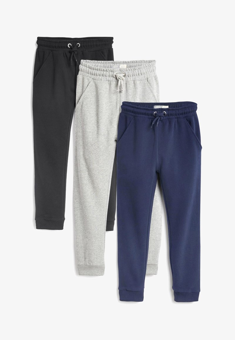 Három pár tréningnadrág fekete, szürke és tengerészkék színben. Puha anyagból készült, elasztikus derékkal, zsinórral és oldalsó zsebekkel.