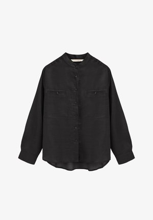 Black long-sleeve button-up shirt with band collar, two buttoned chest pockets, and relaxed fit hem curved at the back.
